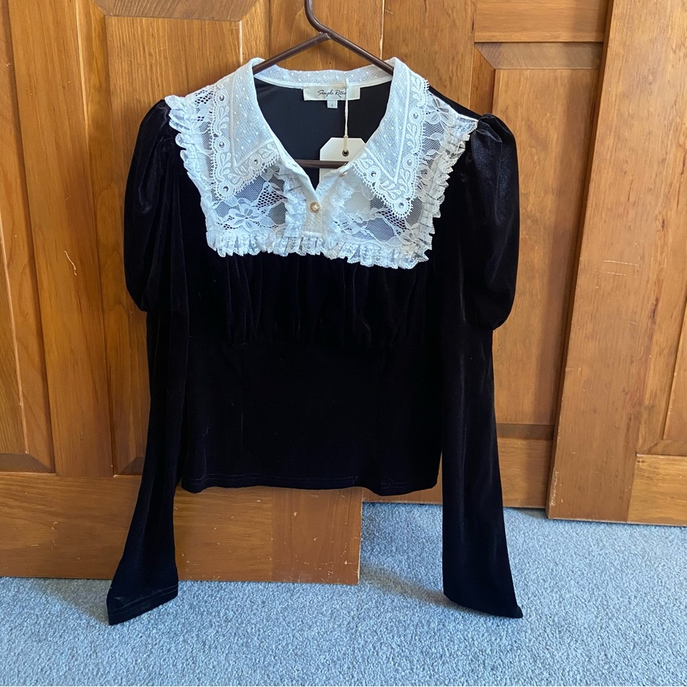 Chic Black Velvet Blouse with Lace Detail